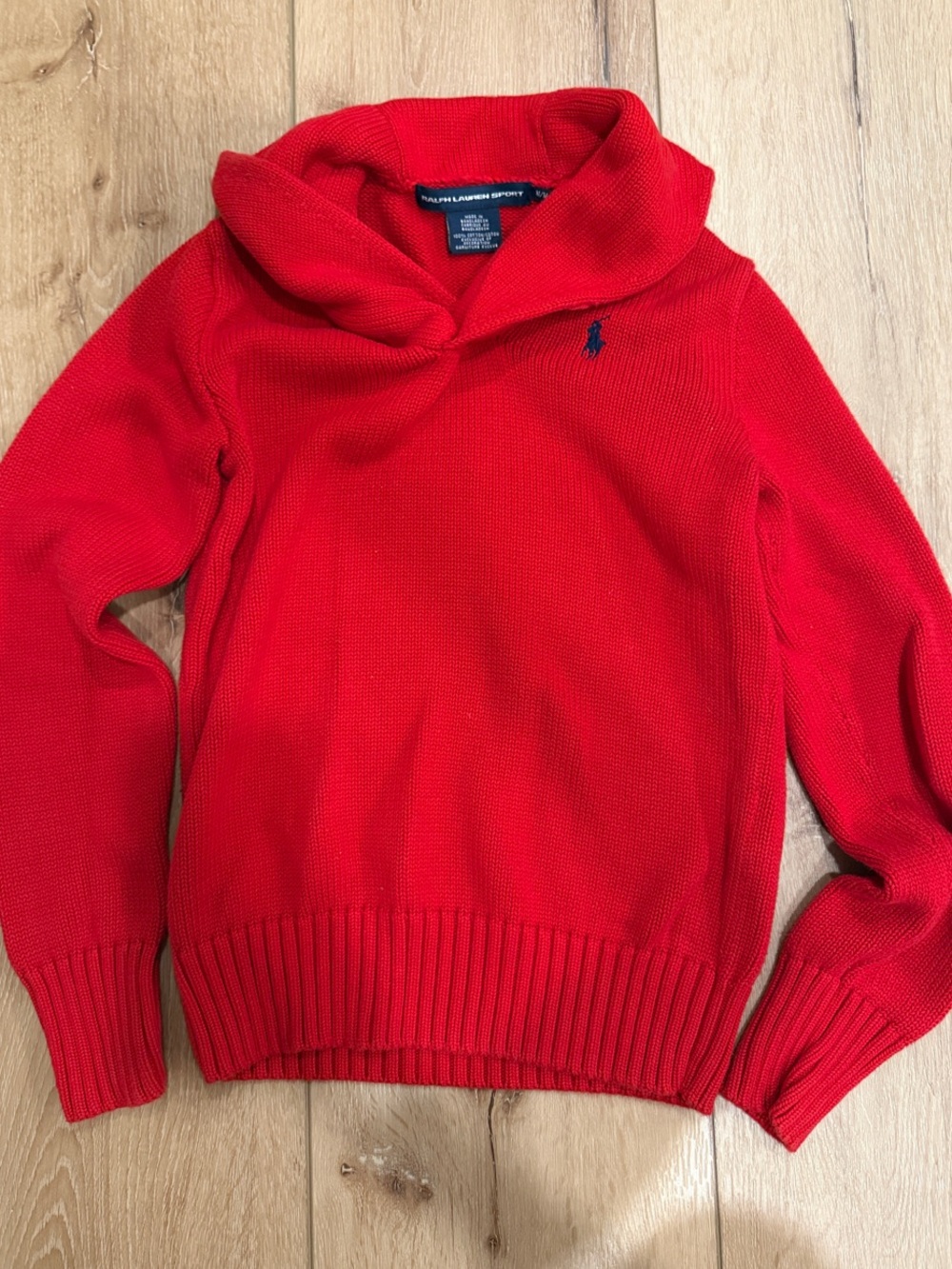 Ralph Lauren Red Shawl-Collar Sweater with Navy Pony